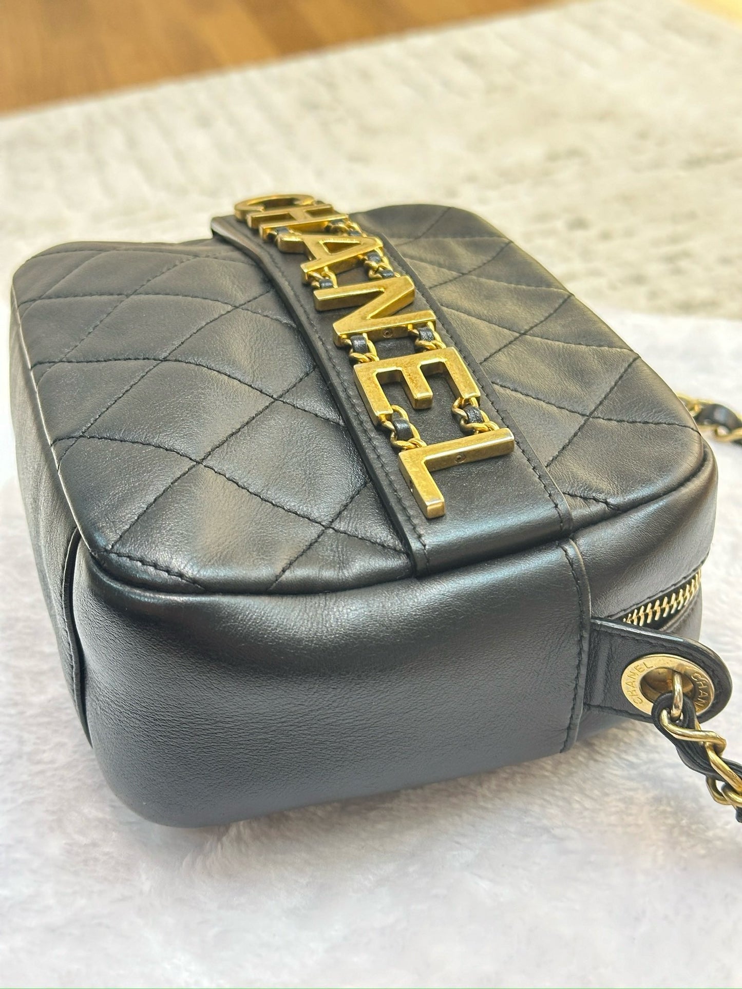 Chanel Calfskin Quilted Enchained Camera Case Bag Black