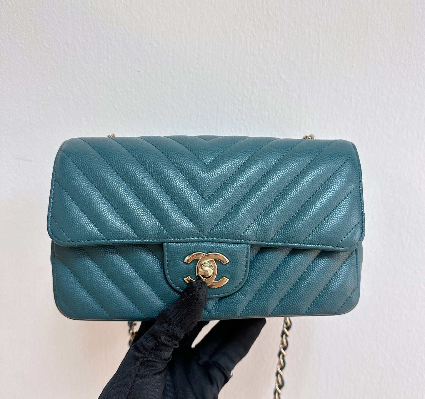 Chanel Mini Caviar Rectangular Chevron Turquoise Green GHW