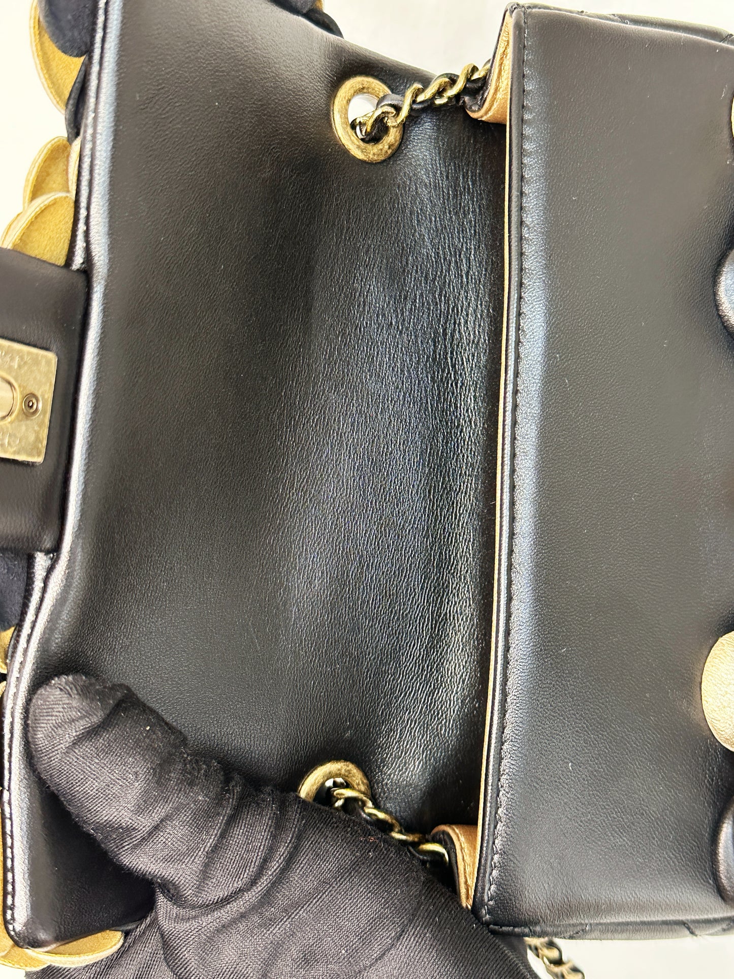 Chanel Mini Metallic Lambskin Quilted Camellia Flap Bag Black Gold 2479 holo card