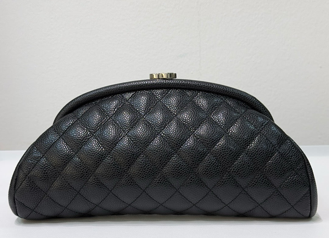 Chanel Quilted Timeless Kisslock Clutch Black Caviar SHW