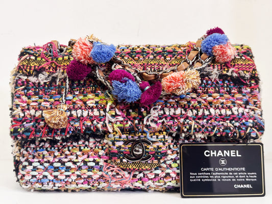 Chanel Pom Pom CC Quilted Tweed Medium Flap Bag