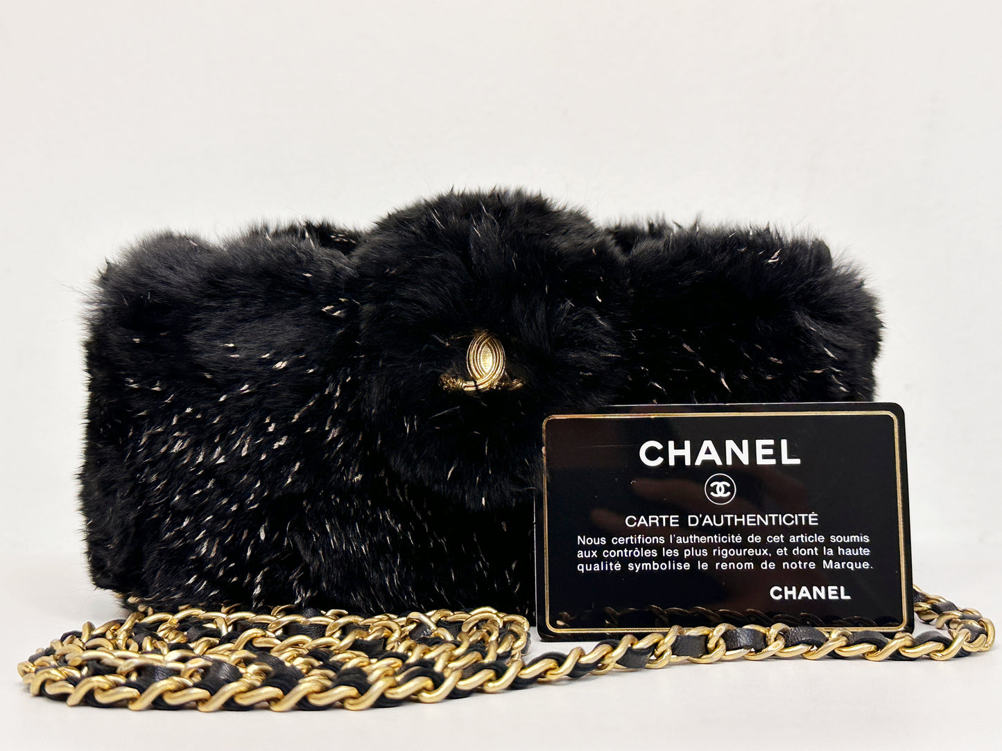 Chanel CC Black Fur Chain Clutch 2270 holo card