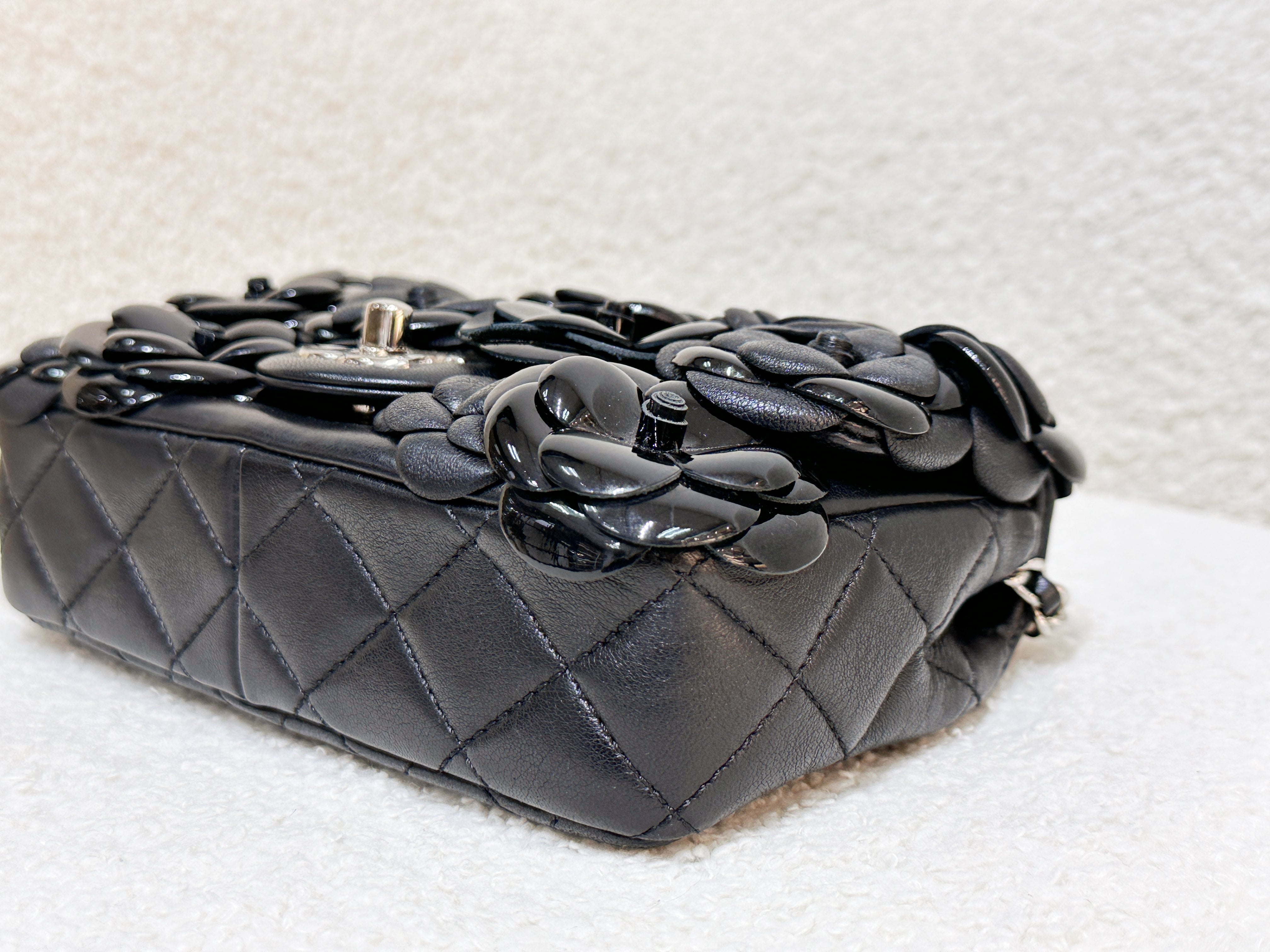 Chanel Mini Rectangular Camellia Flap Bag Black Lambskin and Patent Silver Hardware