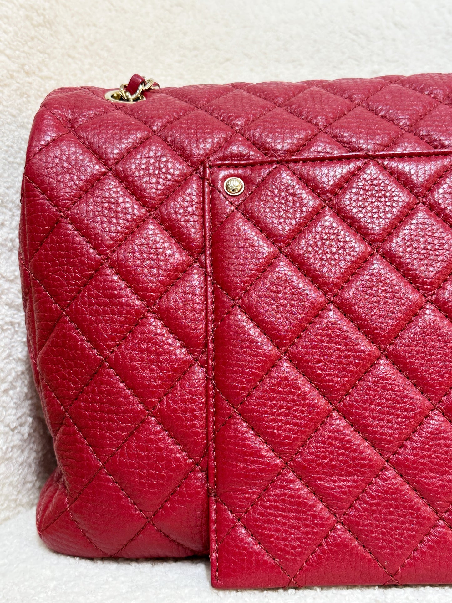 Chanel Red Grained Calfskin XL Small Travel Flap Bag Light Gold Hardware