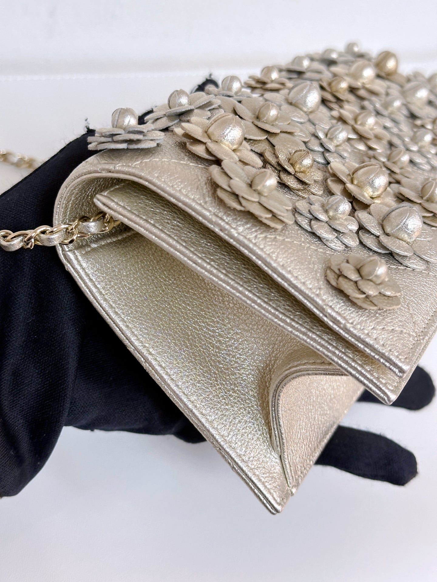 Gold Camellia Embellished Chain Clutch GHW 2728 holo card