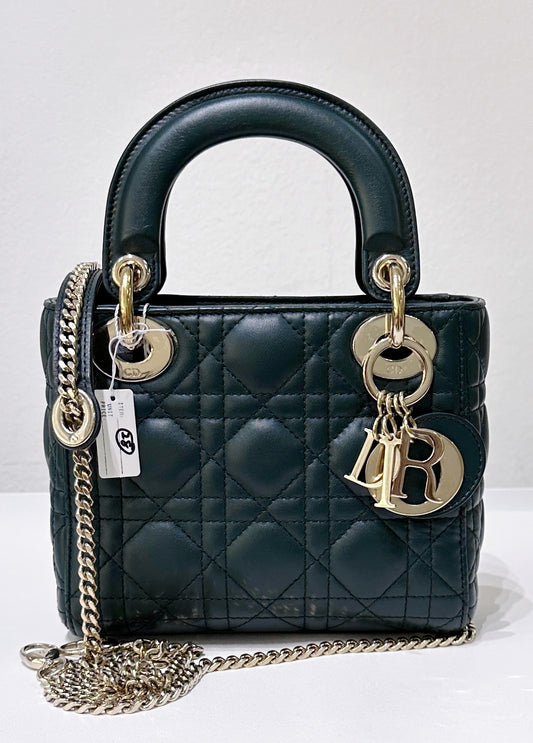 CHRISTIAN DIOR Lambskin Cannage Mini Lady Dior Green