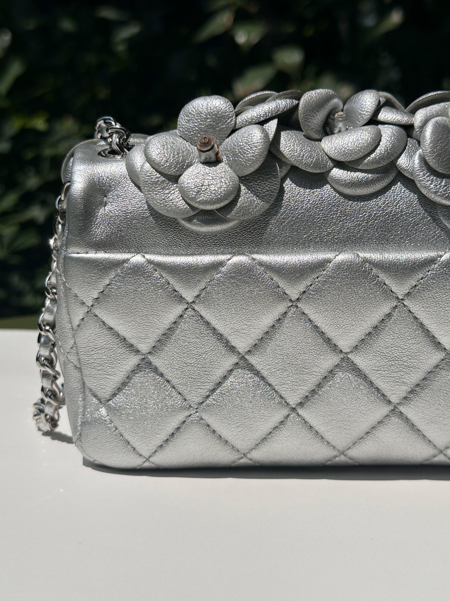 Chanel Mini Camellia Lambskin Shiny Silver SHW 2245 holo