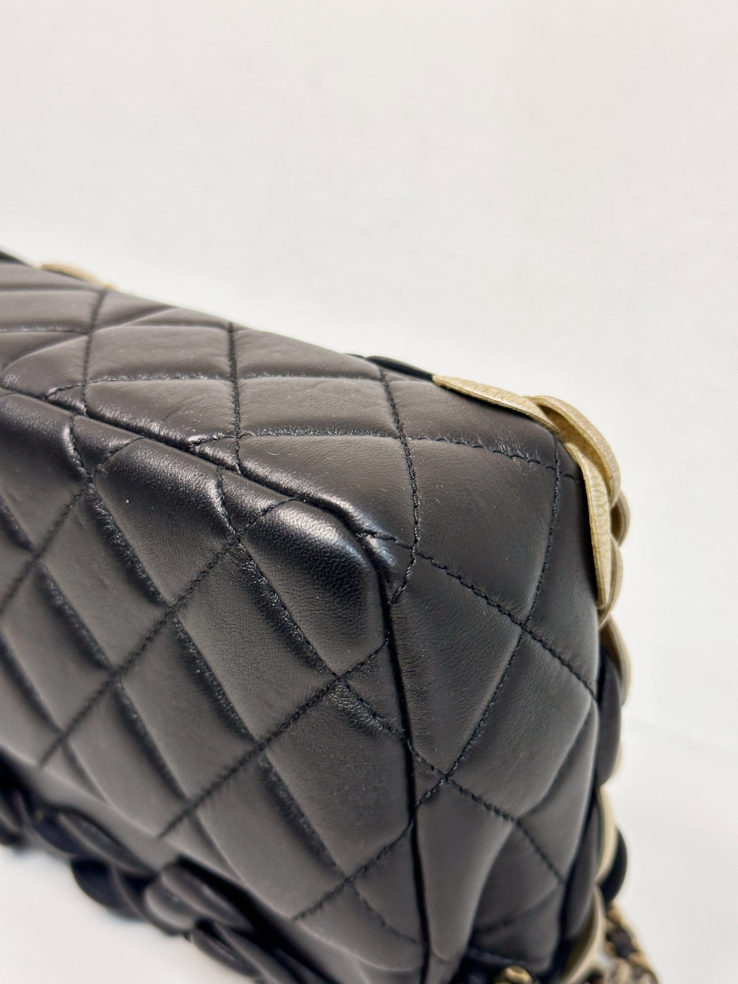 Chanel Mini Metallic Lambskin Quilted Camellia Flap Bag Black Gold 2479 holo card