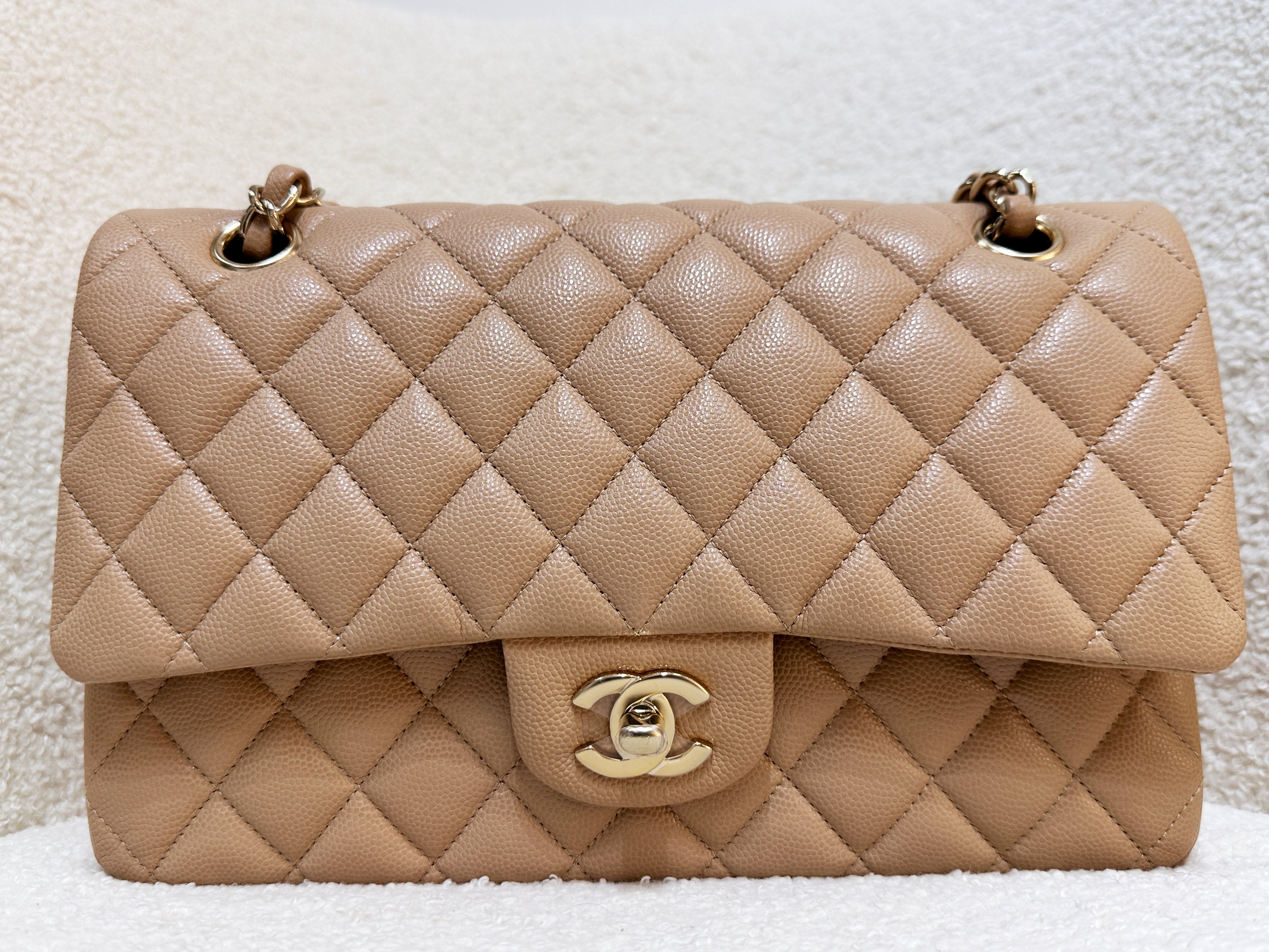 Chanel 19B Dark Beige Caviar Classic Quilted Classic Flap Medium LGHW