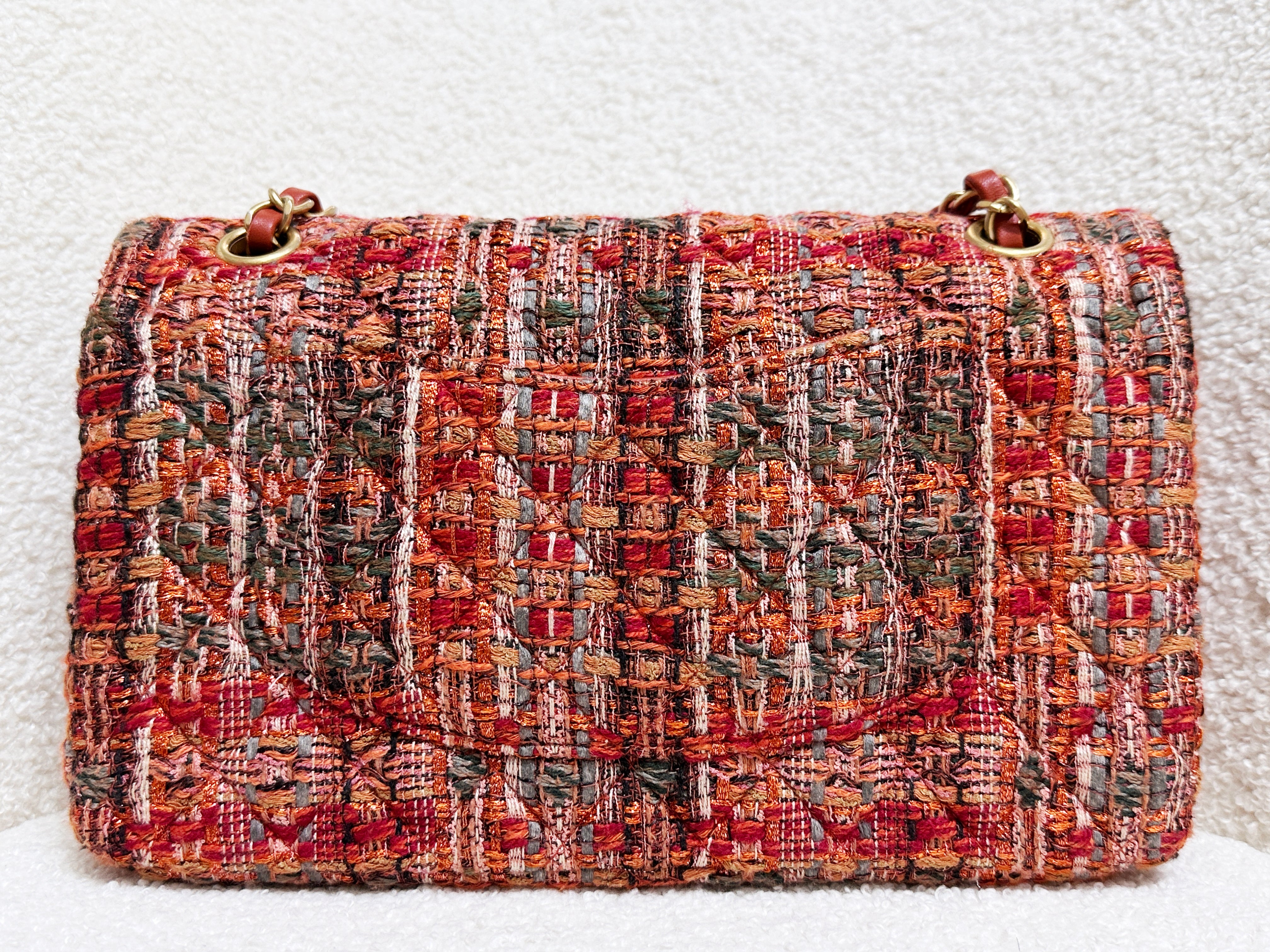 Chanel Tweed Quilted Medium Double Flap Bag Orange Multicolor K9J2 microchip