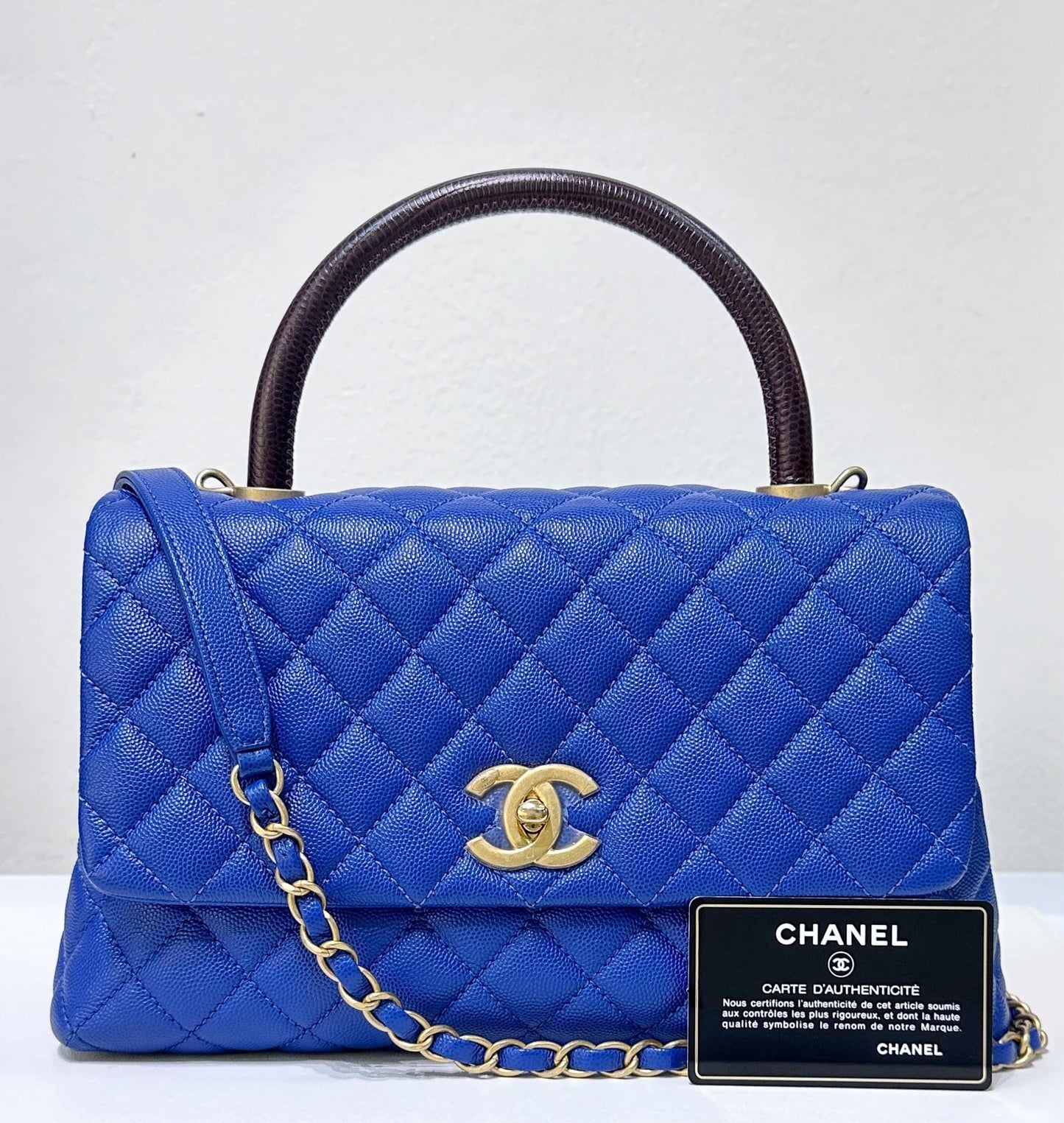 Chanel Medium Caviar Lizard Embossed Quilted Coco Handle Flap Dark Blue