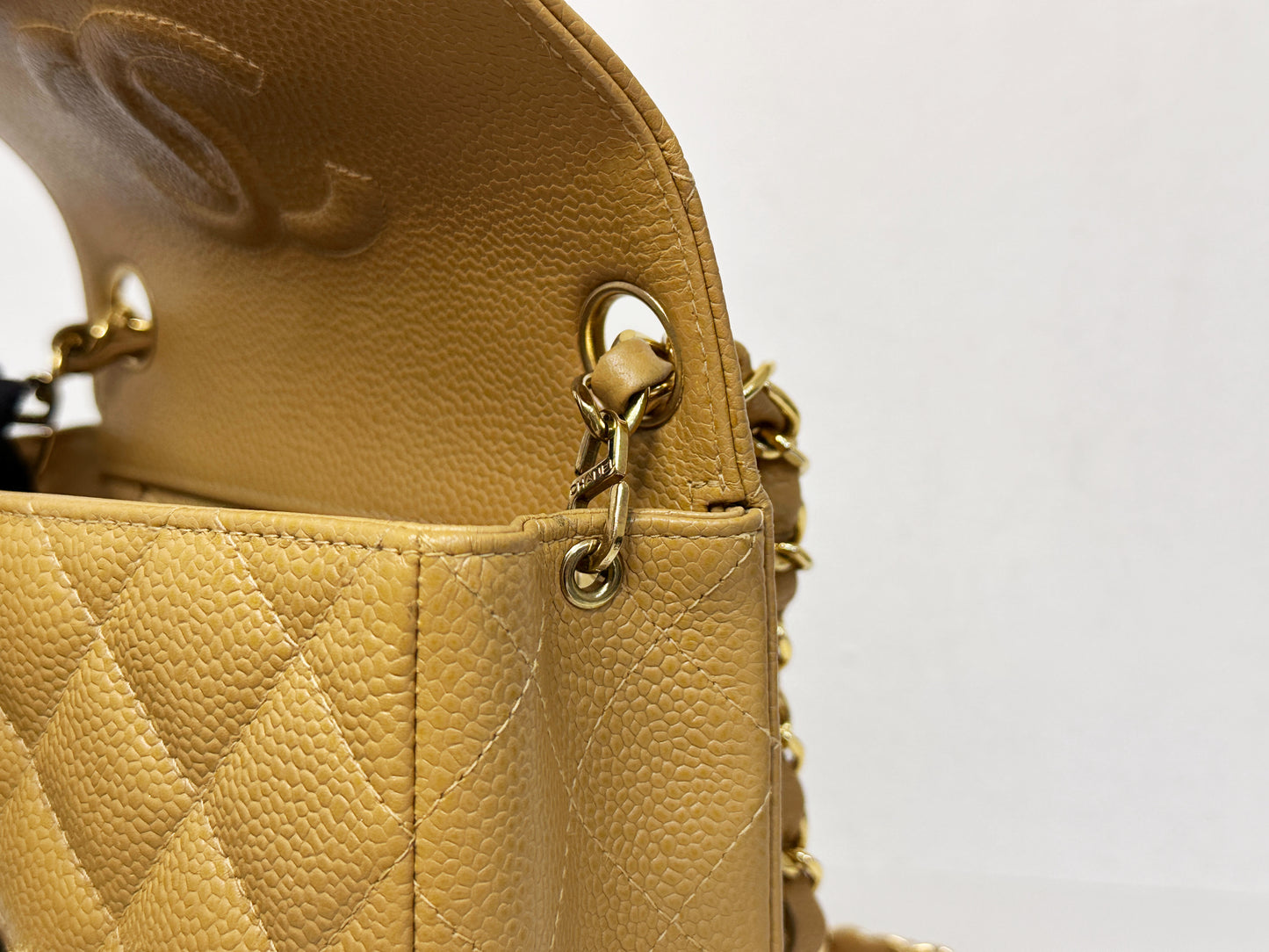 Chanel 24K Gold Mini Square Caviar Classic Flap Chain Shoulder Bag Beige GHW 84 holo card