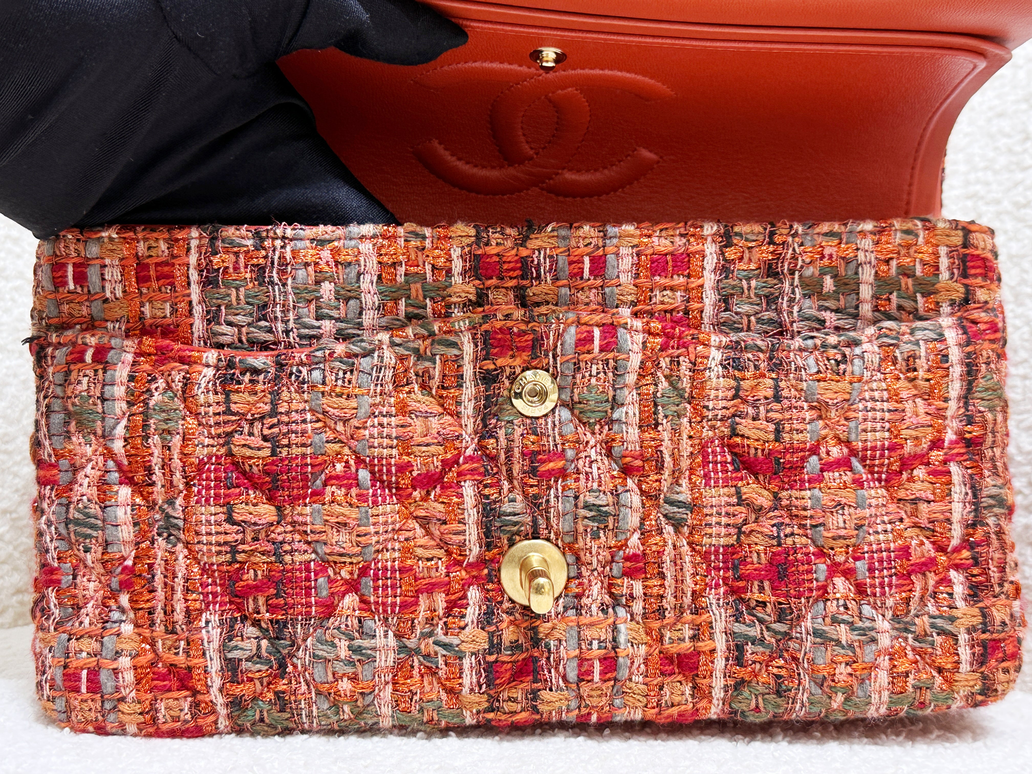 Chanel Tweed Quilted Medium Double Flap Bag Orange Multicolor K9J2 microchip