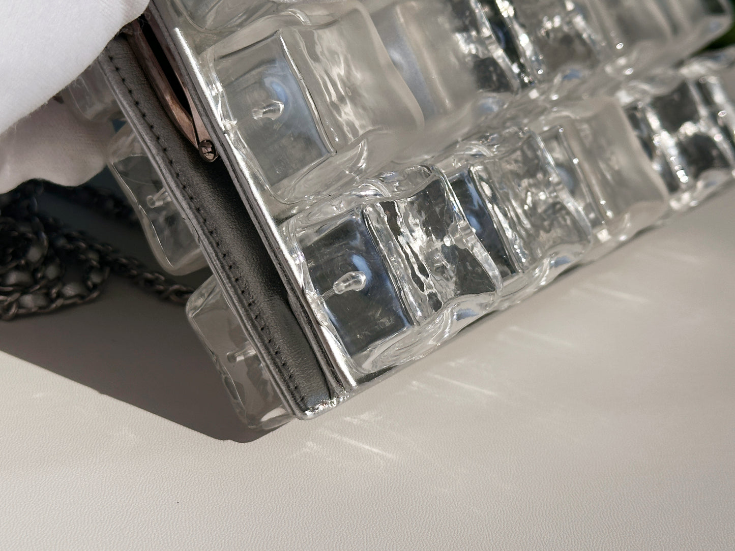 Chanel Silver Metallic Lambskin and Clear Acrylic Ice Cube Bag Silver Hardware 1426 holo card