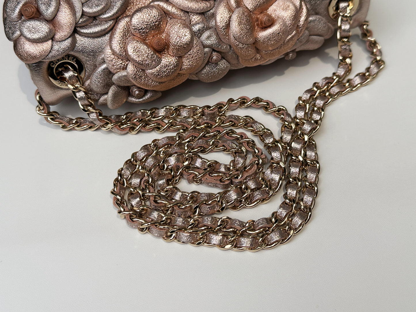 Chanel Camellia Mini Metallic Rose Gold/Pink Lambskin Gold Hardware 2078 holo card