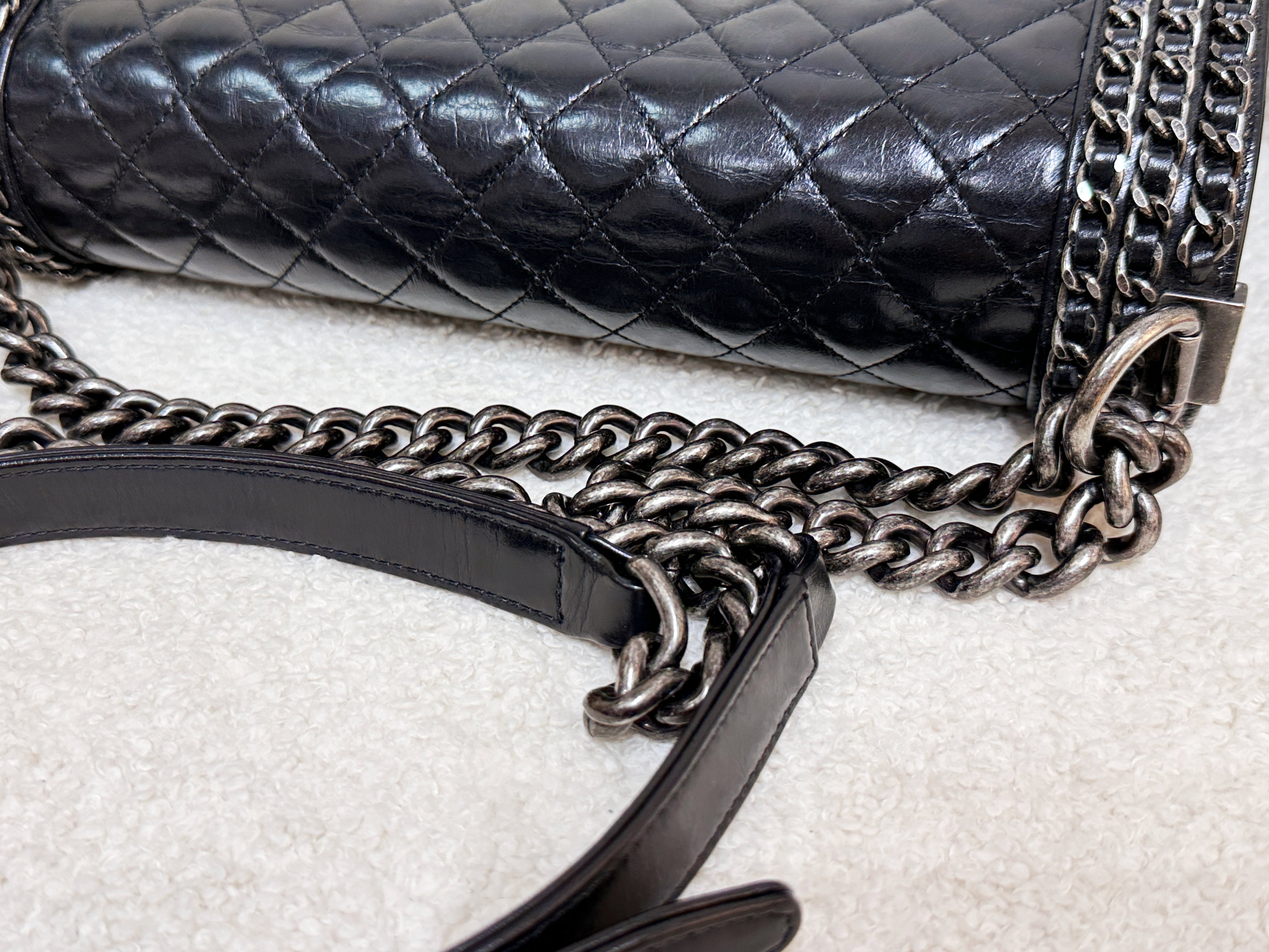 Chanel Boy Black Leather Chain Shoulder Bag 2099 holo card