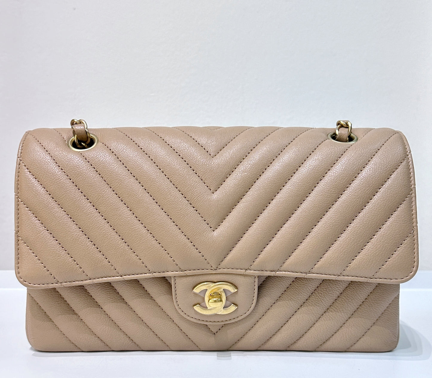 Chanel Classic Medium Beige Chevron Calfskin with Gold Hardware