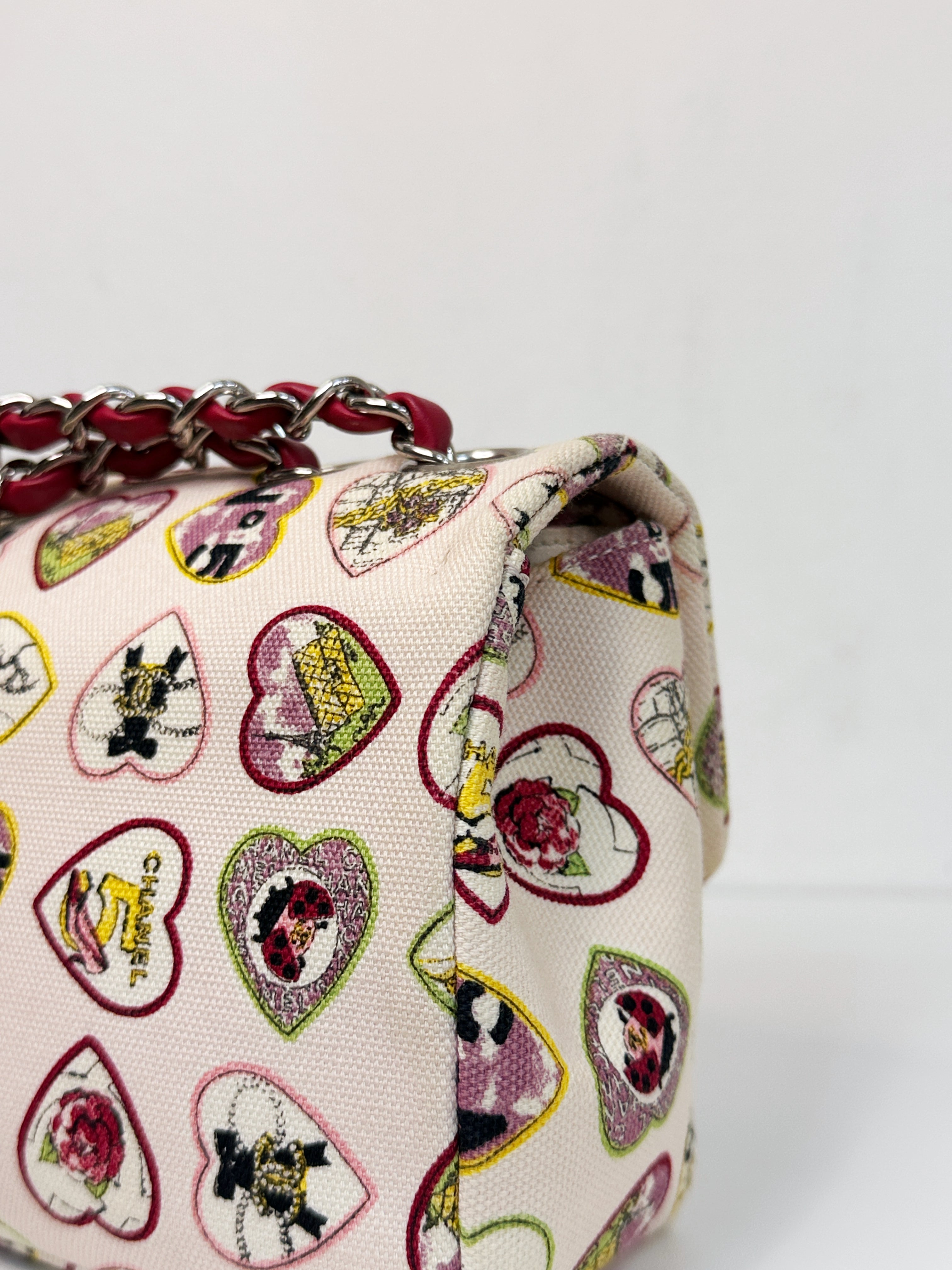 Chanel Valentine Coco Heart Motif Printed Pink Canvas East West Flap Bag 1064 holo