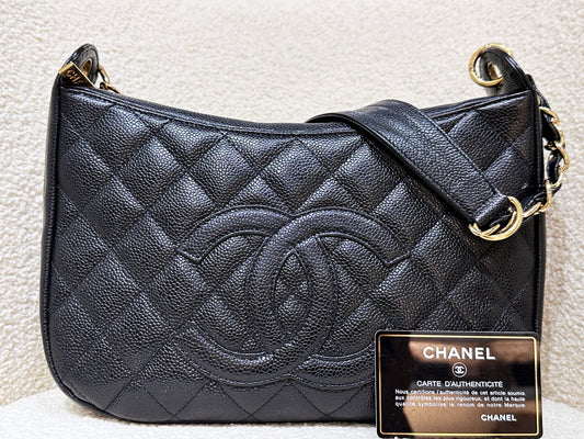 Chanel Black Quilted Caviar CC Logo Chain Shoulder Bag GHW 84 holo card