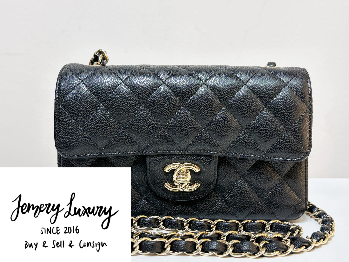Chanel Caviar Classic Quilted Mini Rectangular Flap black GHW 2353 holo card