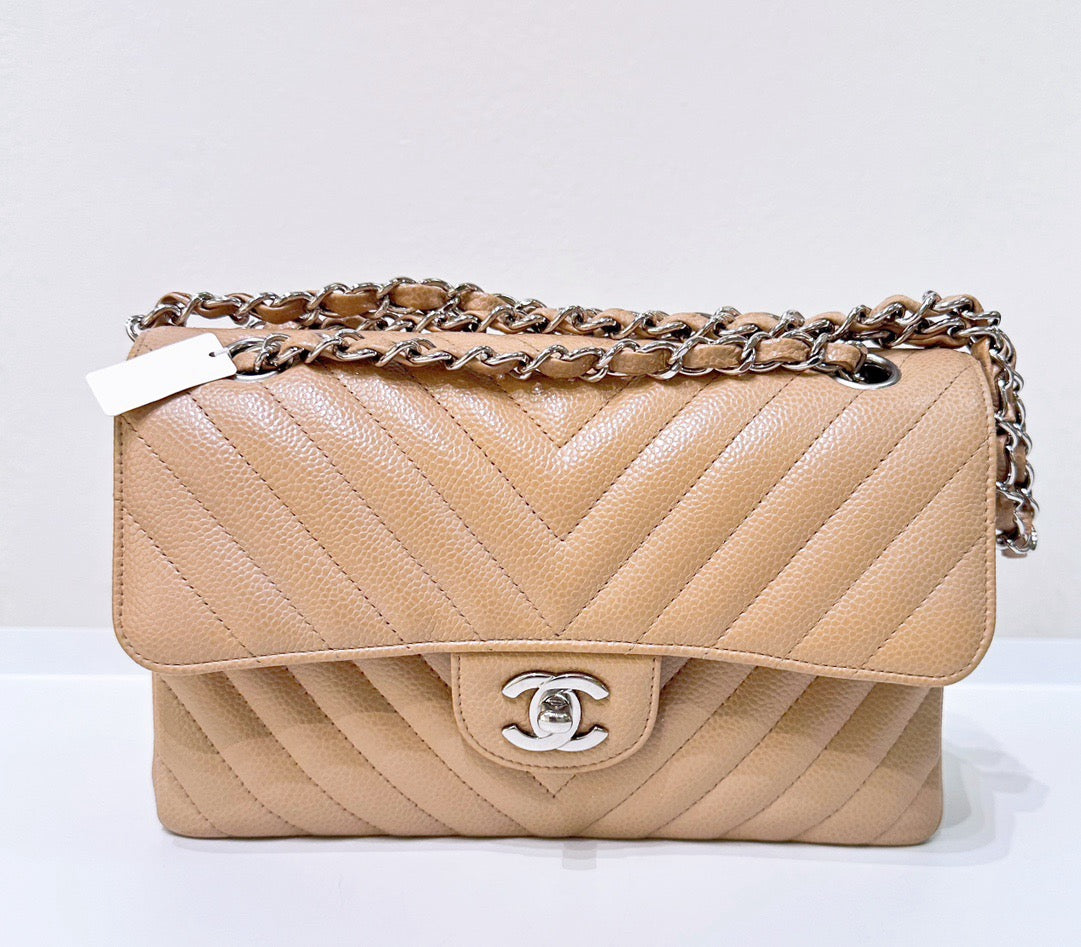 Chanel 19C Beige  Small Grained Calfskin &Sliver Timeless Classic Chevron