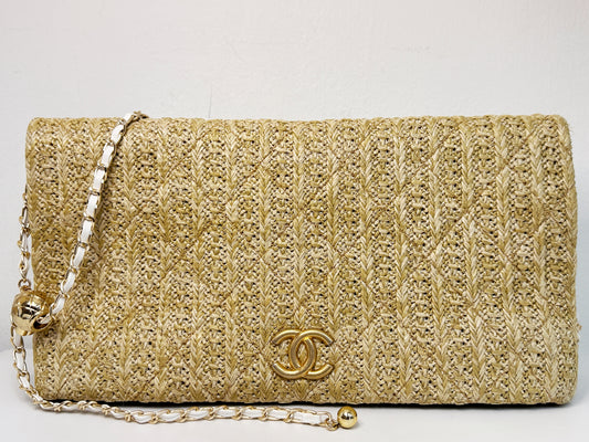 Chanel CC Woven Clutch Gold Natural Raffia Antique Gold Hardware 2502 holo