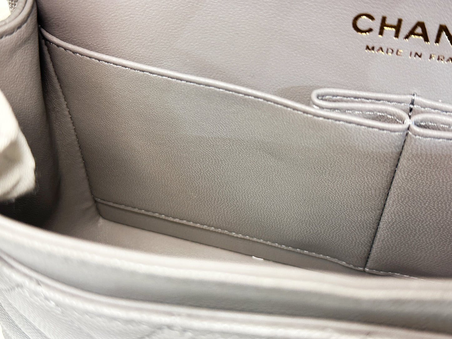 Chanel Small Caviar Quilted Double Flap Bag Grey LGHW EK81 microchip