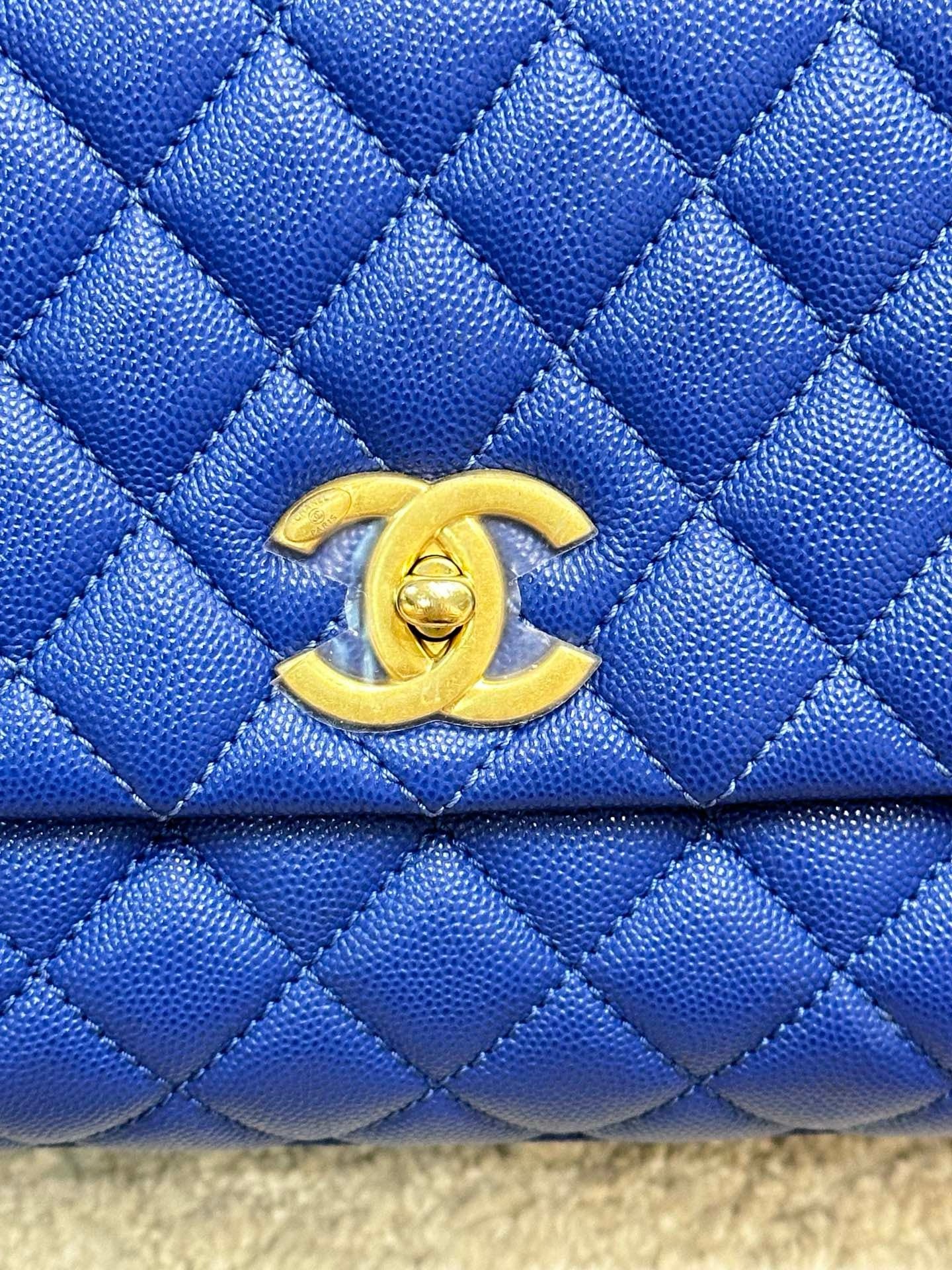 Chanel Medium Caviar Lizard Embossed Quilted Coco Handle Flap Dark Blue