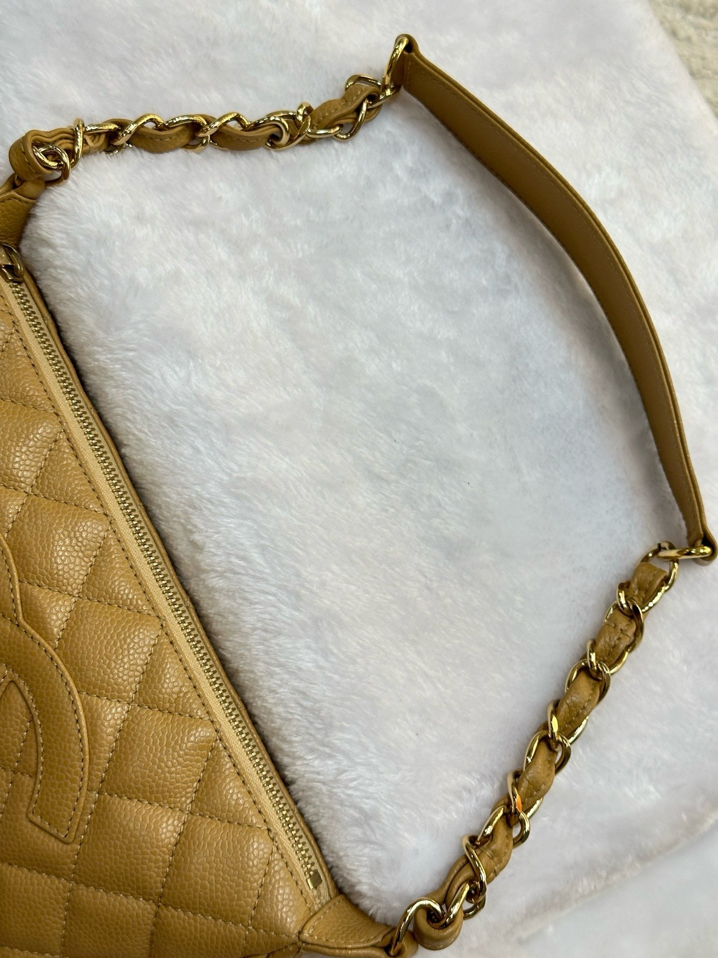 Chanel Small Caviar Quilted Pochette Shoulder Bag Beige GHW