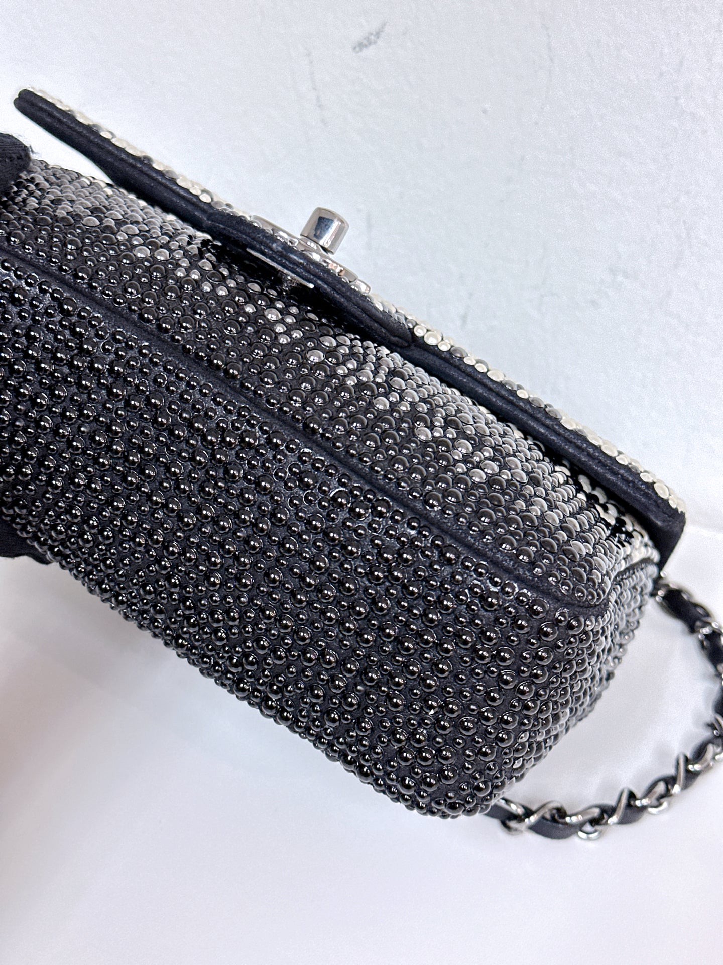 White, Grey and Black Imitation Pearls and Beads and Calfskin Embellished CC MiniClassic Single Flap Ruthenium Hardware, 2014