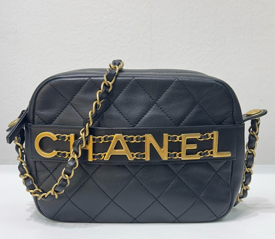 Chanel Calfskin Quilted Enchained Camera Case Bag Black