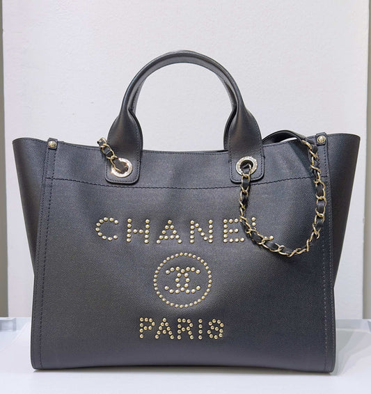 Chanel Small Deauville Caviar Tote Studded Black