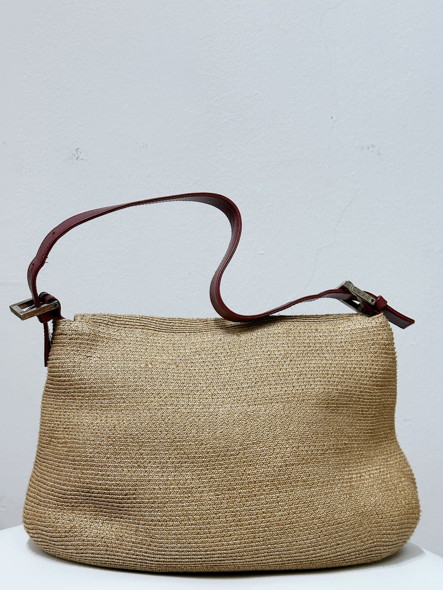 Fendi Mamma Baguette Raffia Straw Shoulder Bag Red Leather Strap