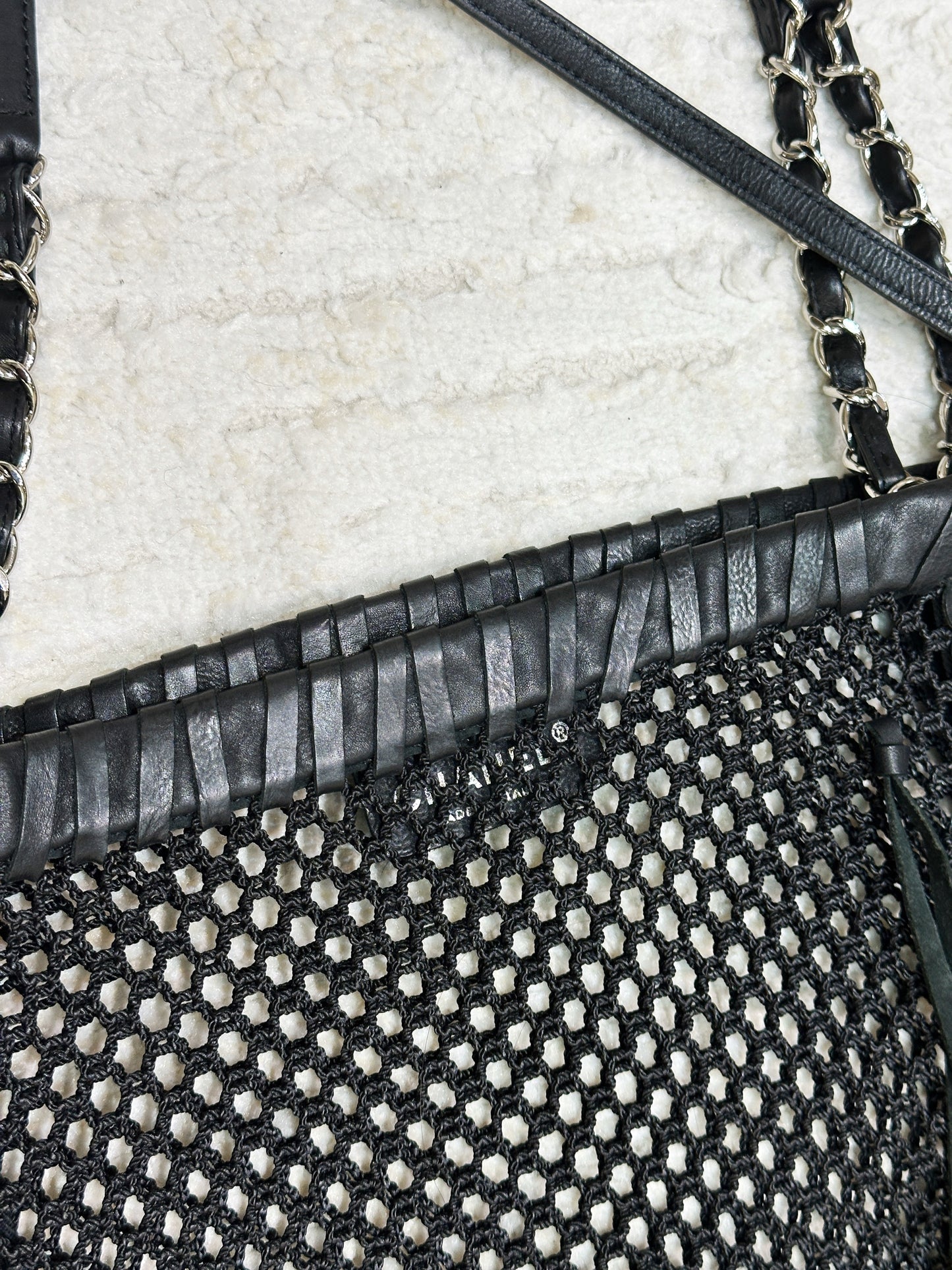 Chanel Limited Edition Resort 2011 Black Fringe Mesh Tote Bag 1373 holo card