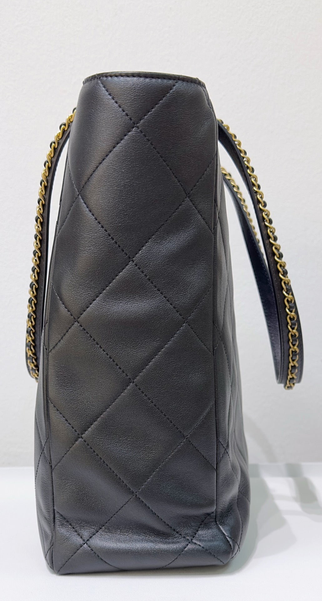 Chanel Calfskin Quilted Chain Shopping Tote Black