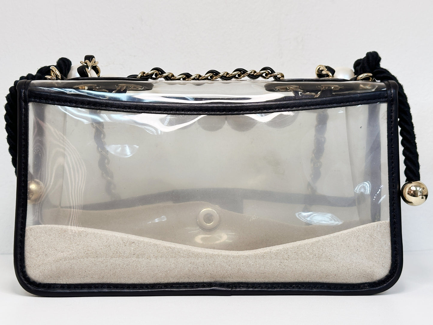 Chanel Medium Lambskin CoCo Sand PVC Sand By The Sea Flap With Pearl Strap Black 274 holo card