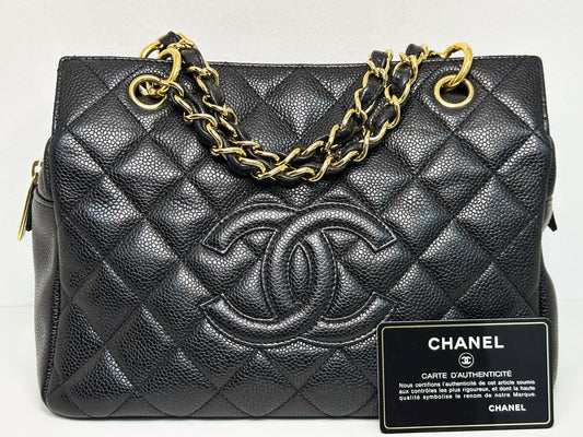 Chanel Black Quilted Caviar Leather Petite Timeless Tote Bag 1358 holo card