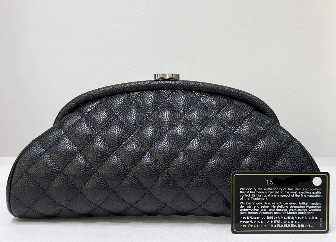 Chanel Quilted Timeless Kisslock Clutch Black Caviar SHW