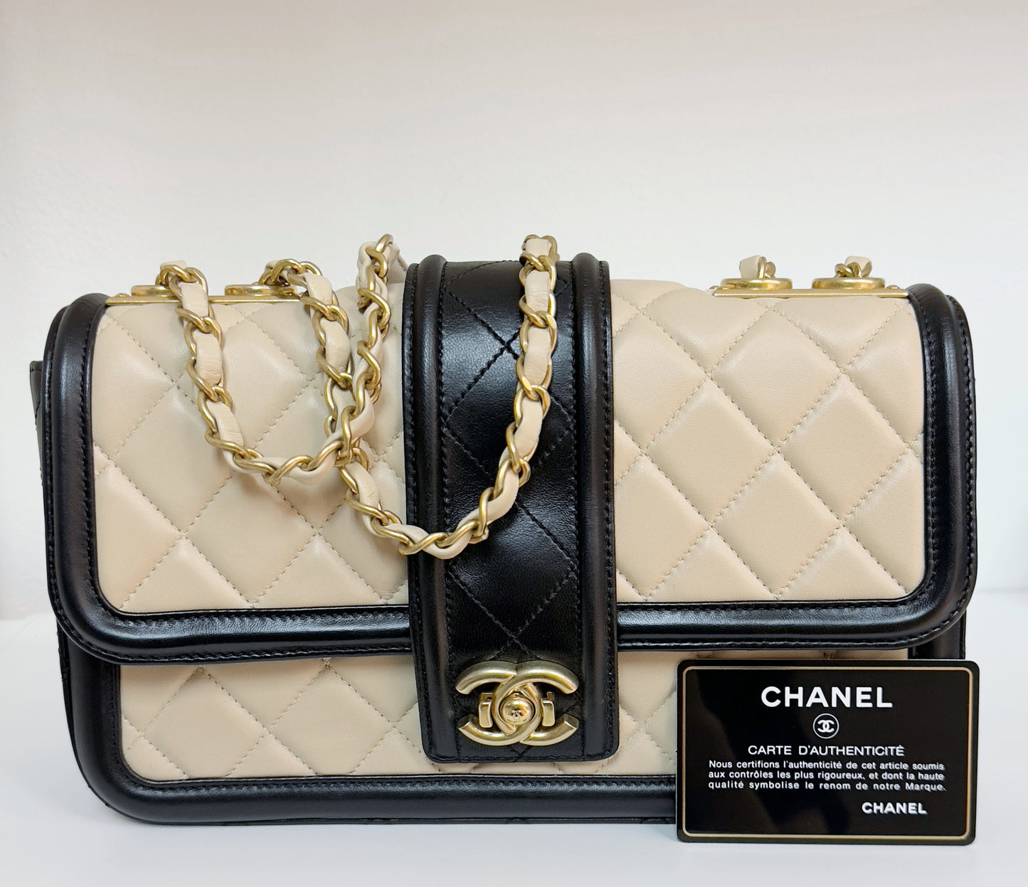 Chanel Medium Lambskin Quilted Elegant CC Flap Beige Black GHW