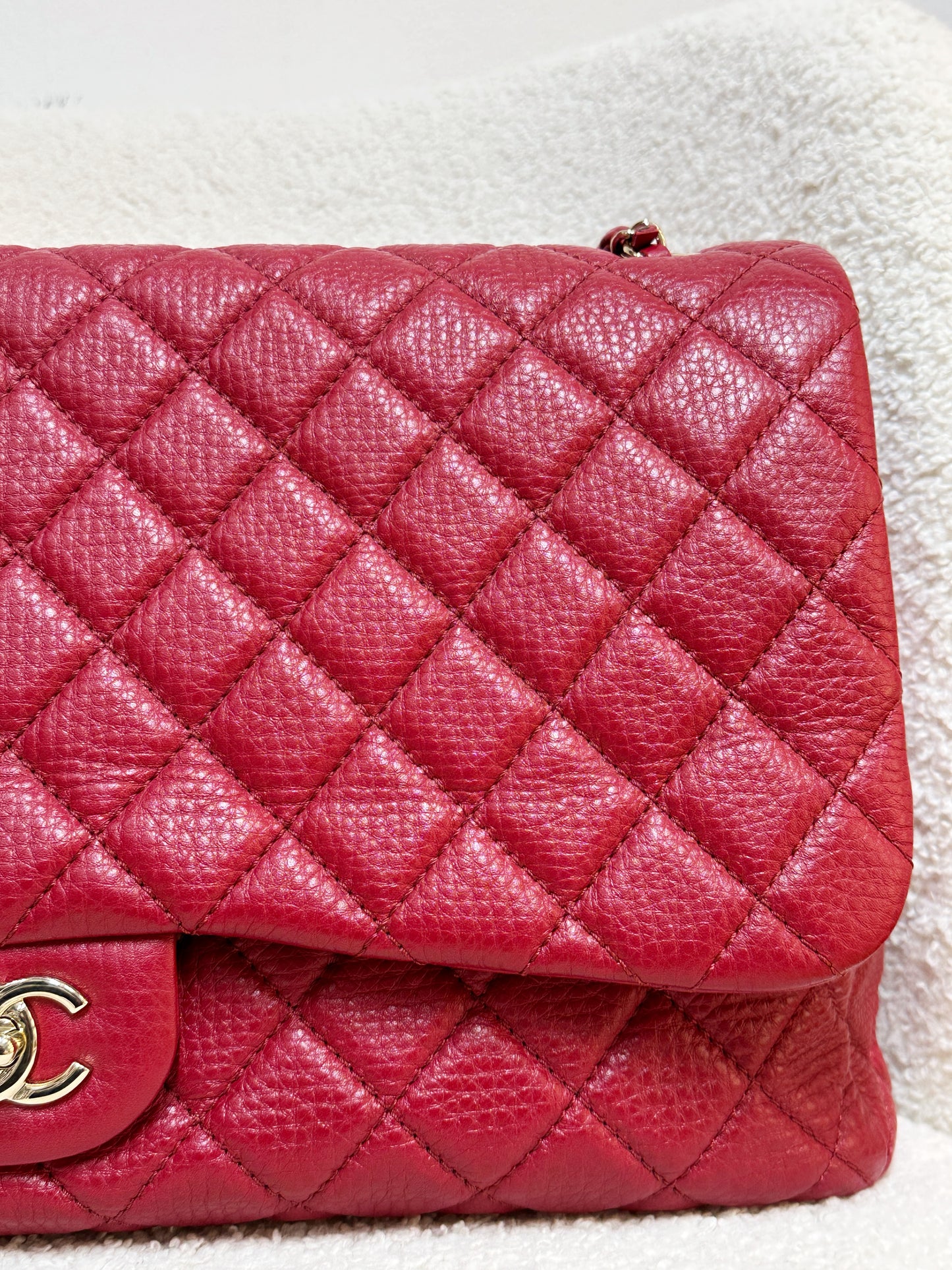 Chanel Red Grained Calfskin XL Small Travel Flap Bag Light Gold Hardware