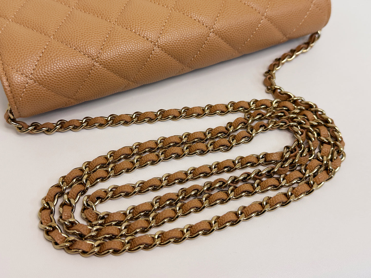 Chanel 23P Caramel Dark Beige Caviar Classic Quilted Wallet on chain LGHW UK27 microchip