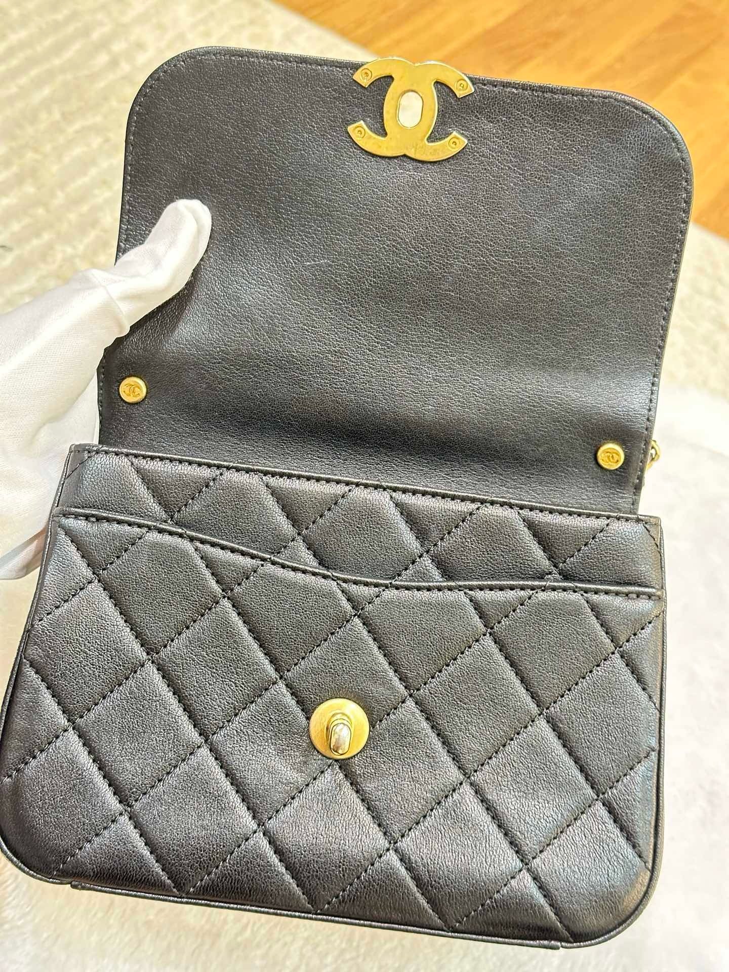 Chanel Small Lambskin Quilted Chain Infinity Top Handle Flap Black GHW