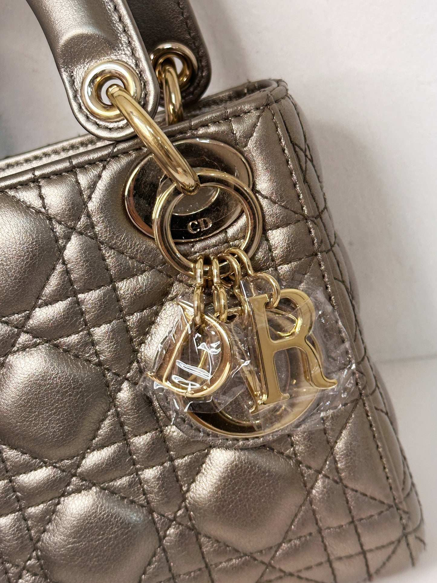 CHRISTIAN DIOR LADY MINI CALFSKIN CANNAGE BRONZE METALLIC GOLDEN HARDWARE CHAIN STRAP