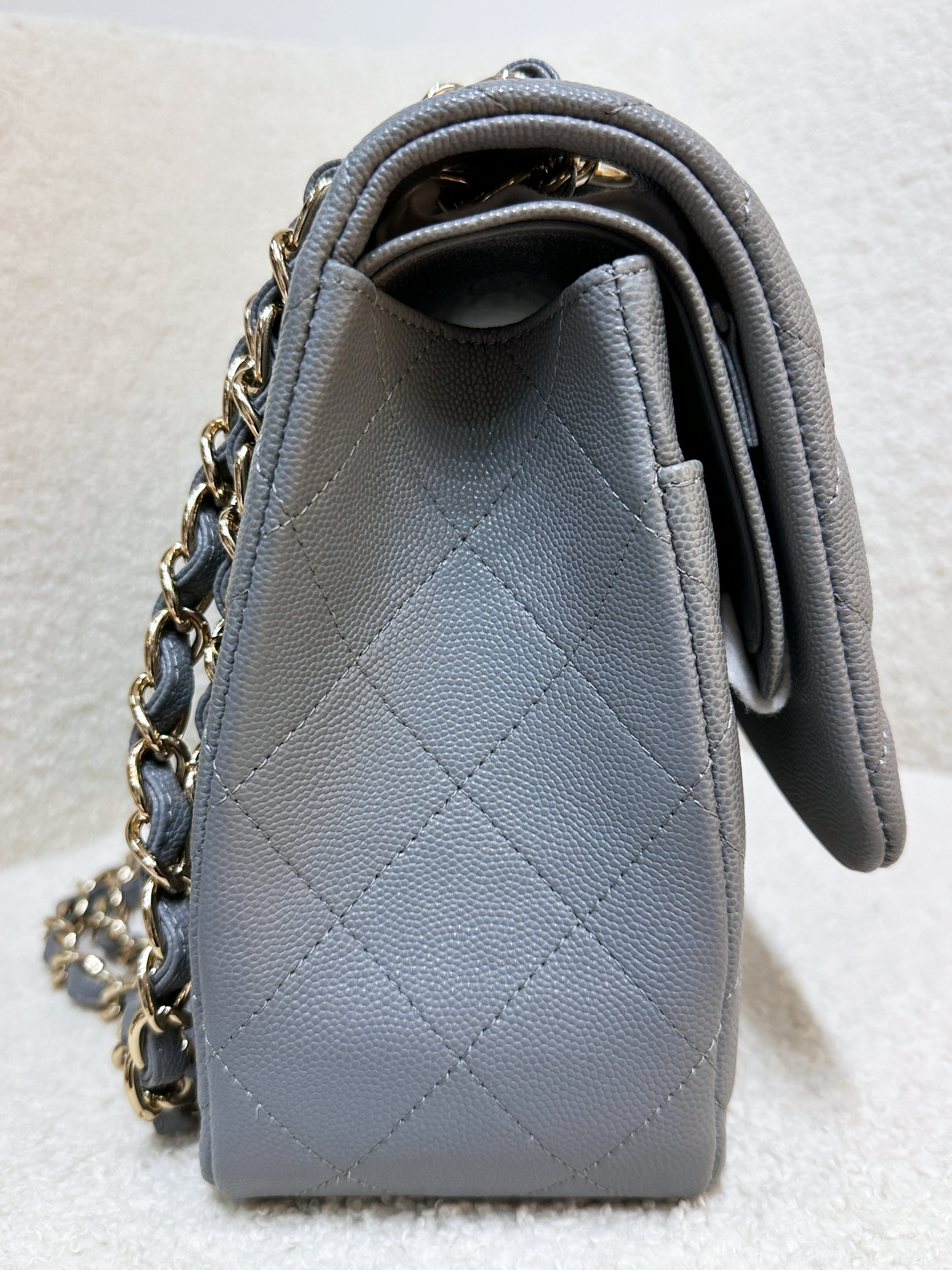 Chanel Jumbo Caviar Classic Quilted Double Flap Bag Light Grey LGHW 2910 holo card