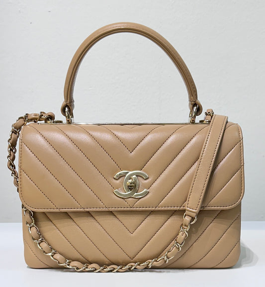 Chanel Lambskin Chevron Quilted Medium Trendy CC Dual Handle Flap Bag Beige