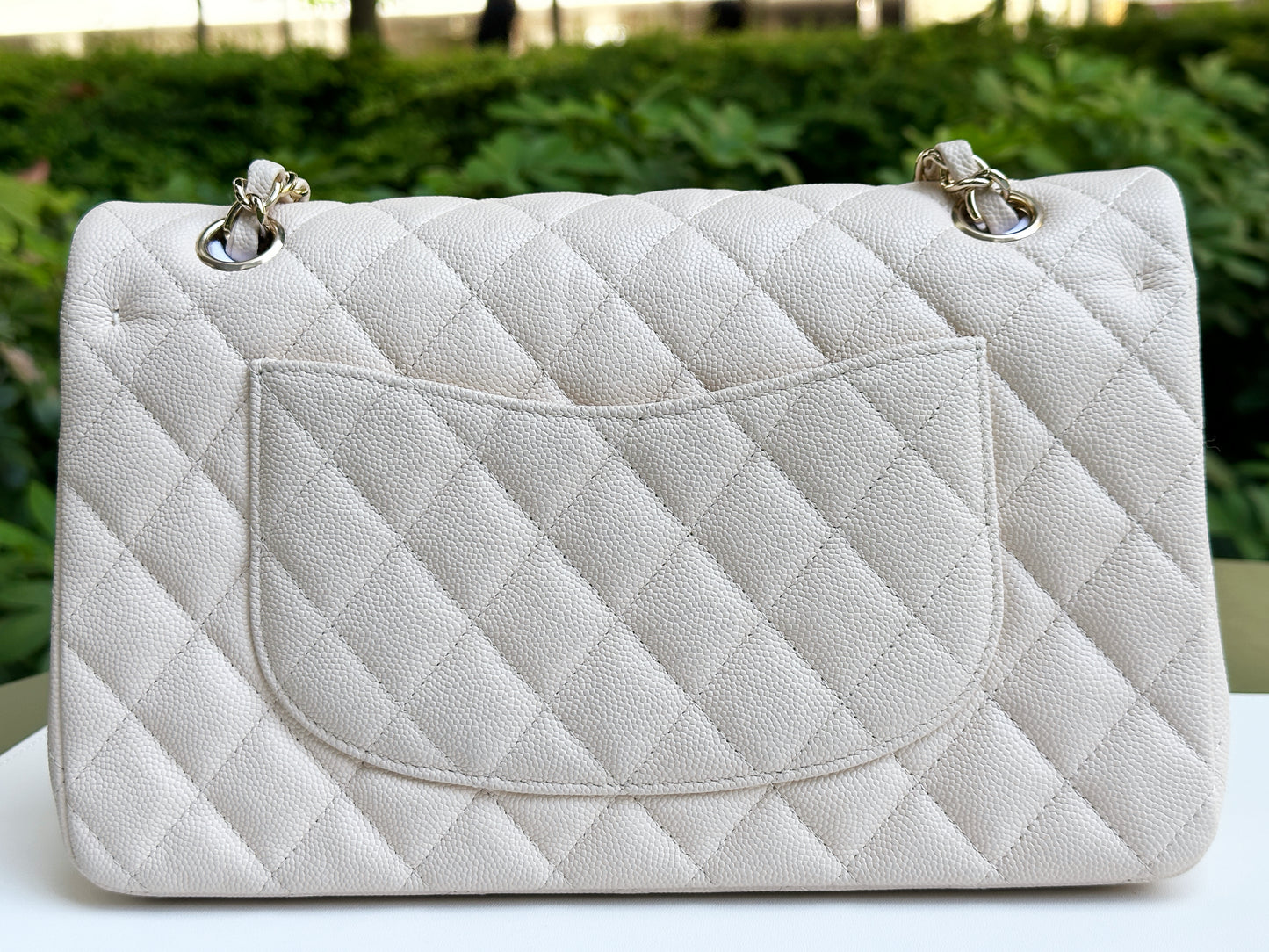 Chanel Medium Caviar Classic Quilted Double Flap Ivory Light Beige Bag LGHW
