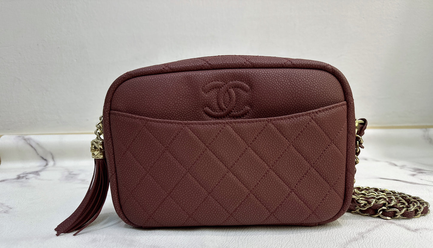 CHANEL Caviar Quilted Mini Coco Tassel Camera Case Burgundy