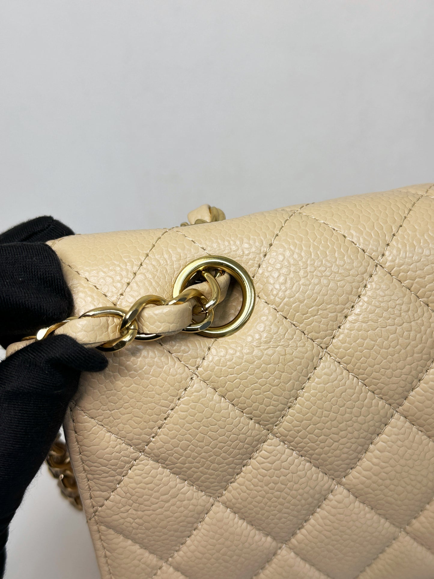 Chanel Medium Beige Classic Caviar Double Flap Bag GHW 2163 holo