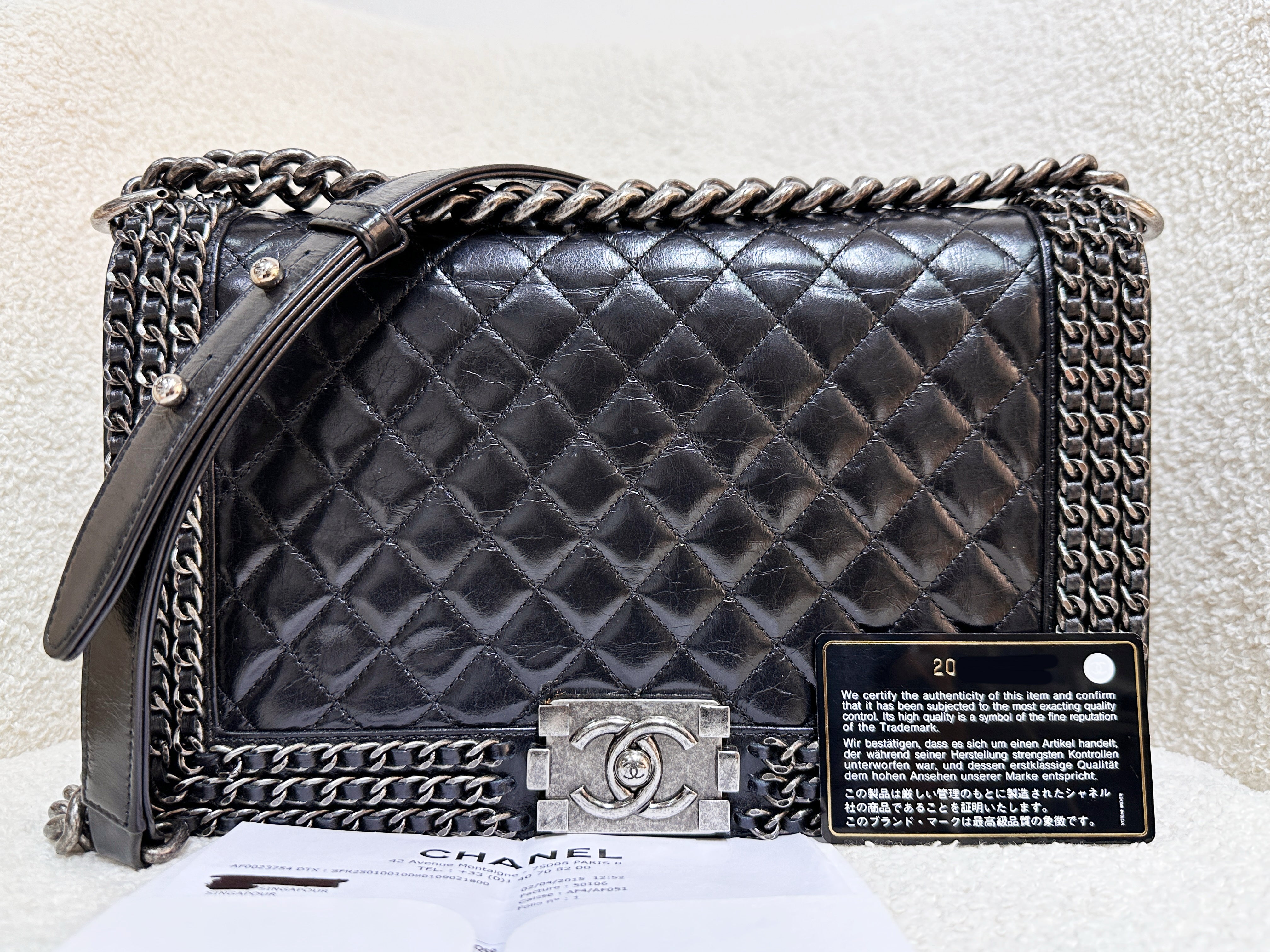 Chanel Boy Black Leather Chain Shoulder Bag 2099 holo card