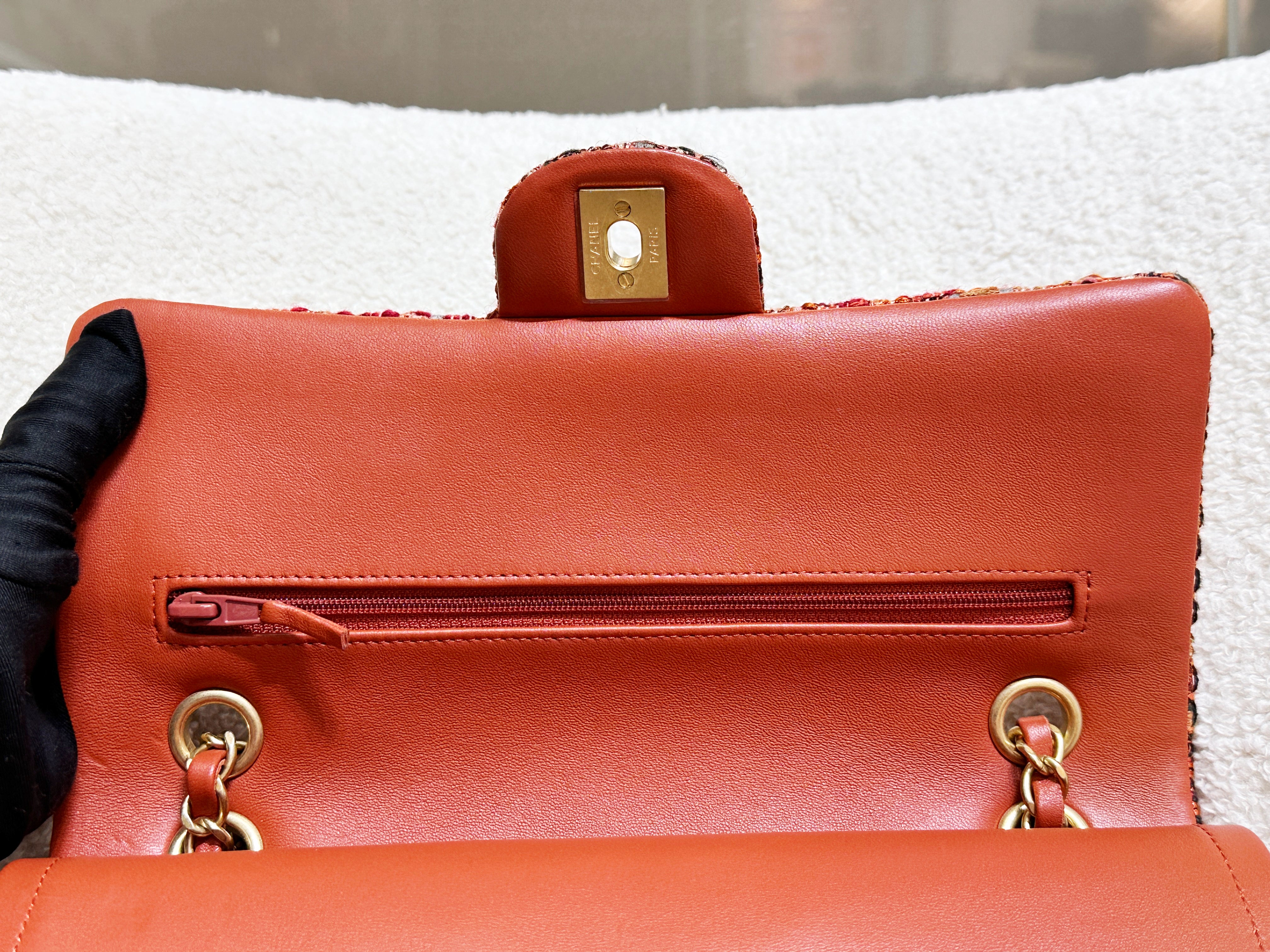 Chanel Tweed Quilted Medium Double Flap Bag Orange Multicolor K9J2 microchip